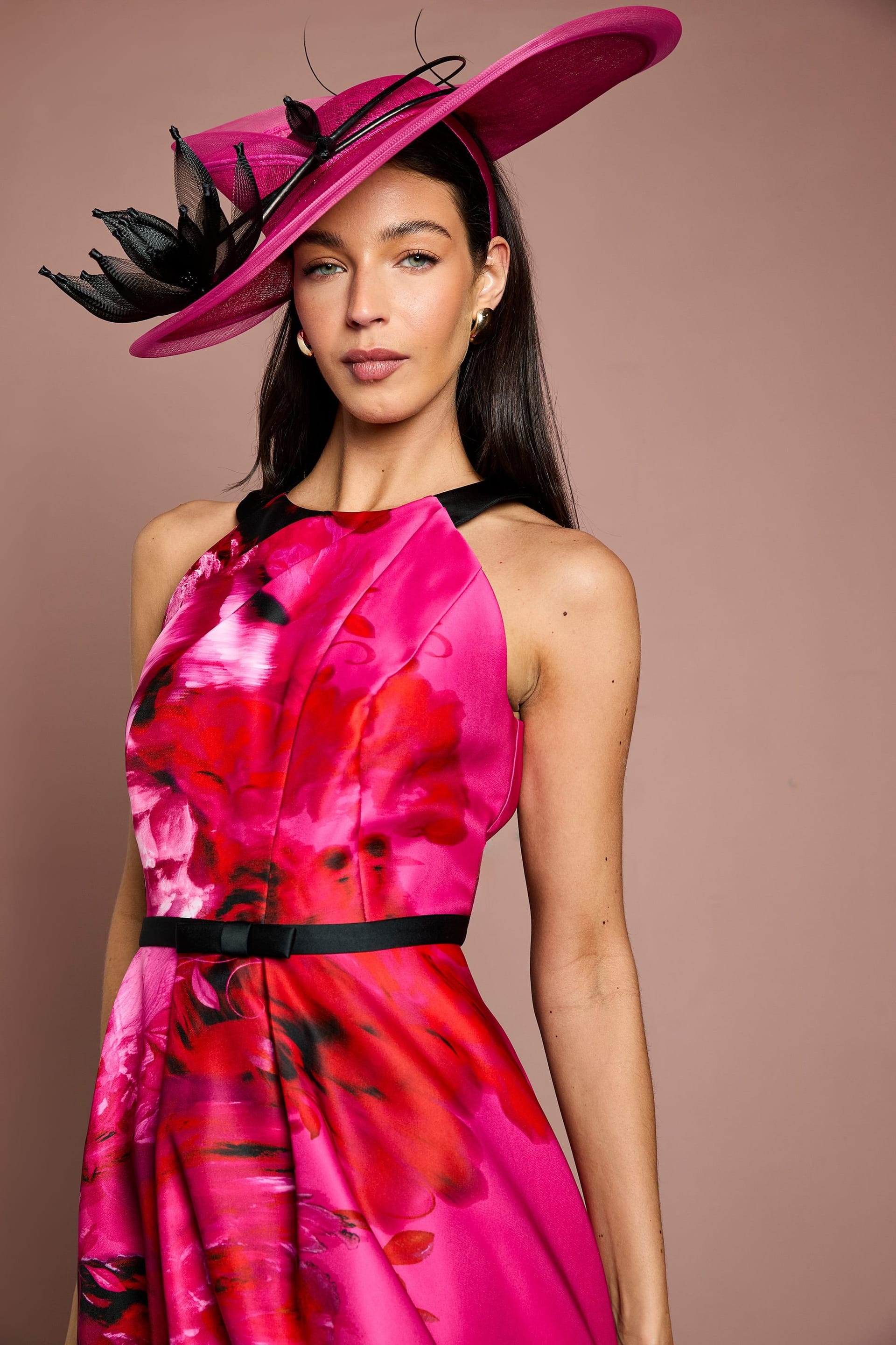 Coast Coast Women's Lisa Tan Halterneck Large Floral Full Skirted Midi Dress in Magenta - 4