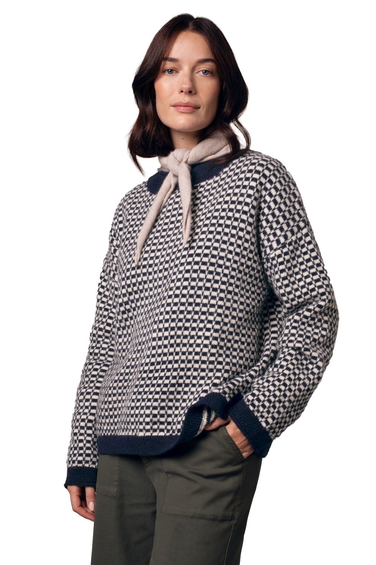 Celtic & Co Mid Navy Micro Check Funnel Neck Sweater