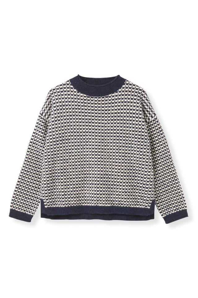 Celtic & Co Celtic & Co Women's Micro Check Funnel Neck Sweater in Mid Navy - 2