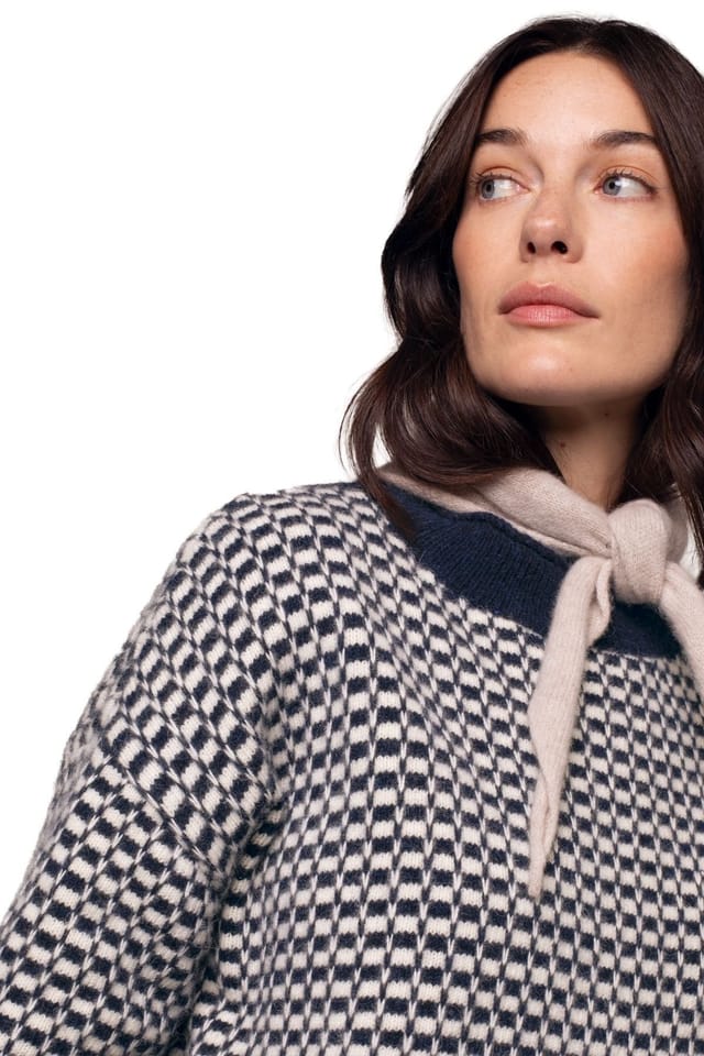 Celtic & Co Celtic & Co Women's Micro Check Funnel Neck Sweater in Mid Navy - 3