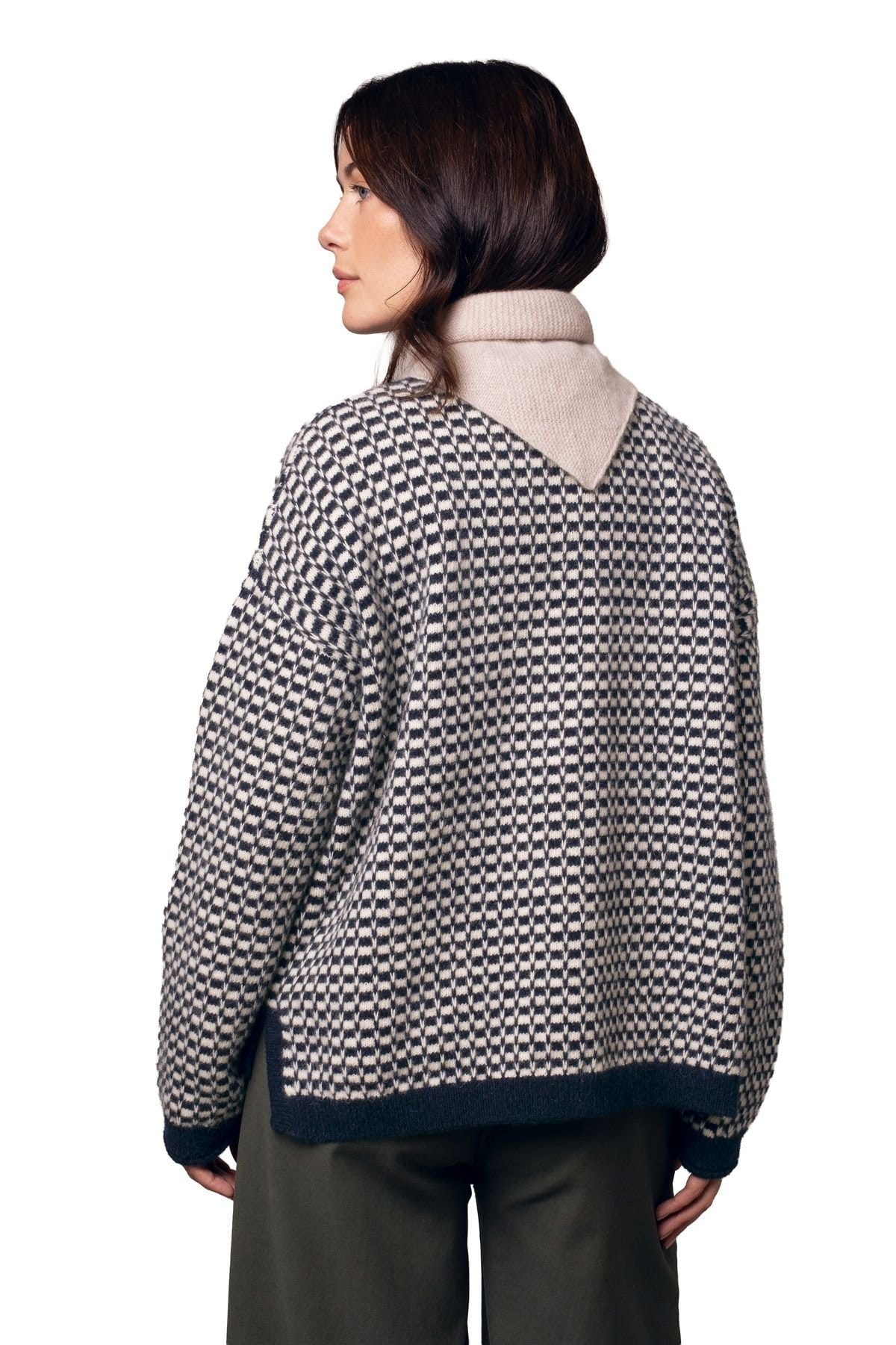 Celtic & Co Celtic & Co Women's Micro Check Funnel Neck Sweater in Mid Navy - 4