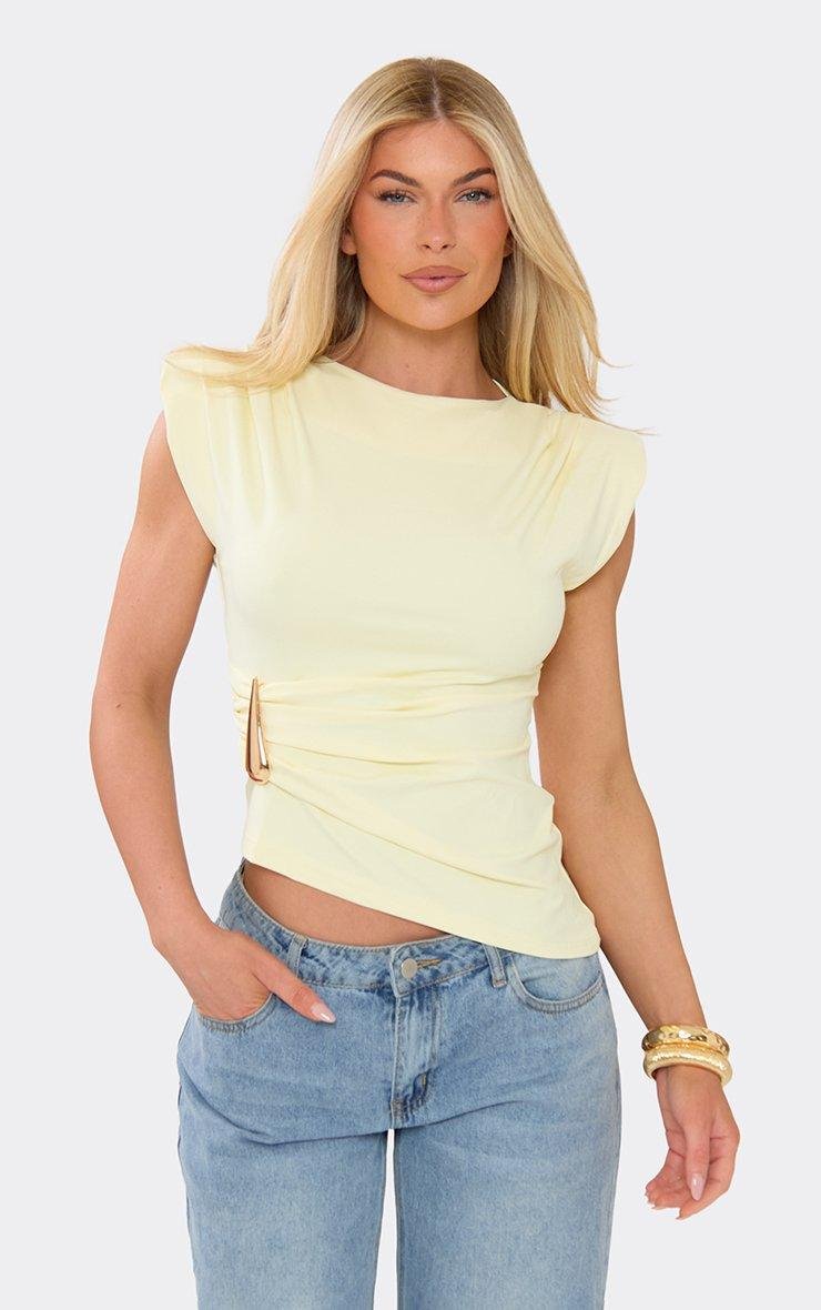 EGO Shoulder Pad Ruched Trim Detail Top In Lemon, Women's Size UK L - 2