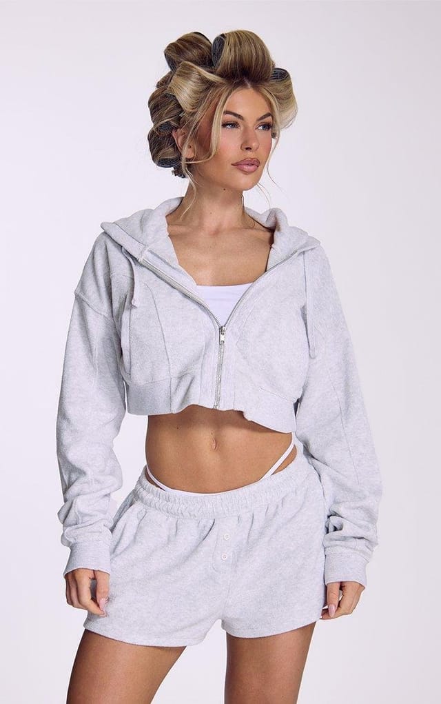 EGO Long Sleeve Zip Up Cropped Hoodie In Grey Towelling Fabric, Women's Size UK 6 - 2