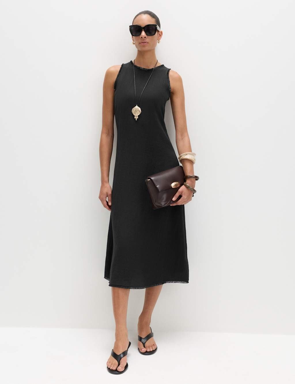 Marks & Spencer M&S Round Neck Fringed Midi Column Dress Black