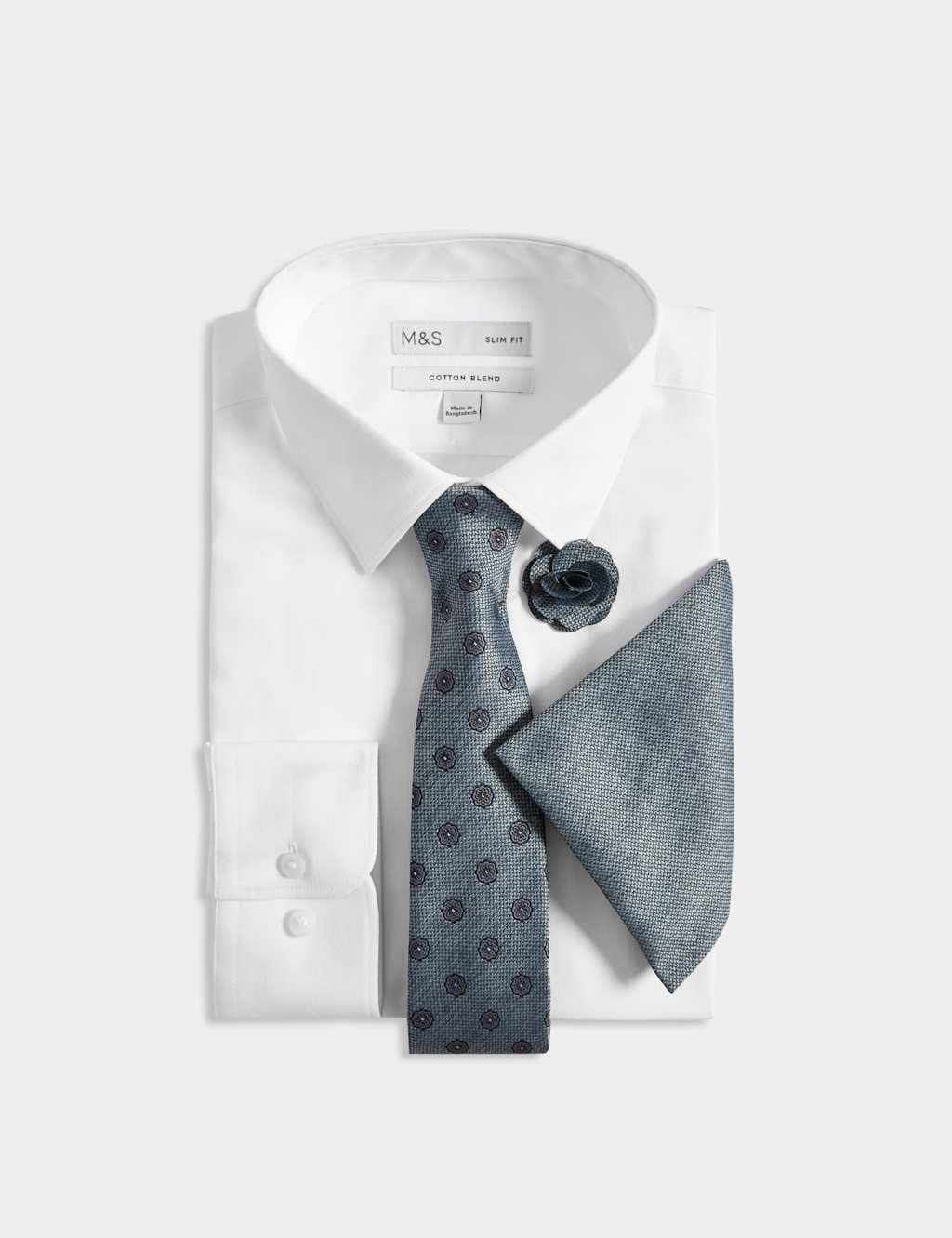 Marks & Spencer M&S 4pc Slim Fit Easy Iron Shirt and Tie Set Blue/White - 1