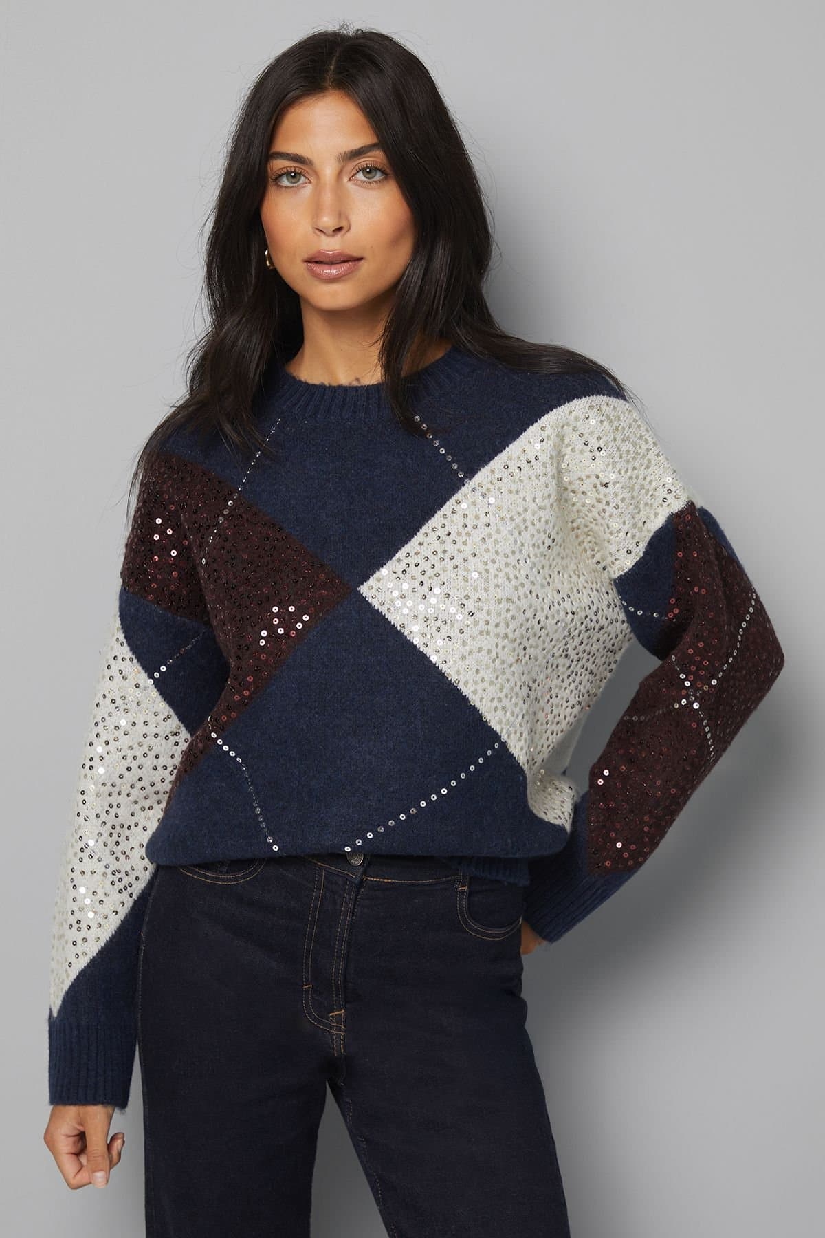 Wallis Wallis Navy Argyle Oversized Jumper With Sparkle Detailing