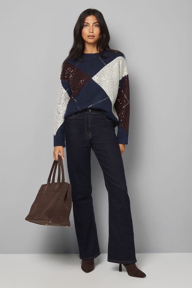 Wallis Wallis Women's Navy Oversized Argyle Jumper - 2