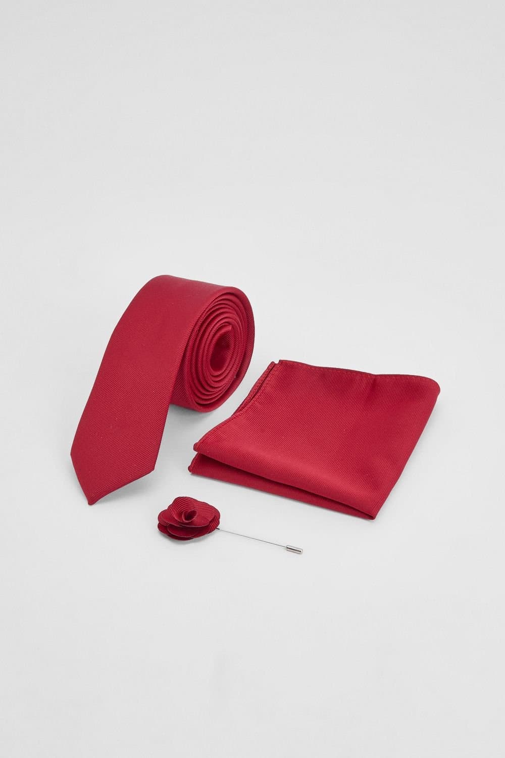 Burton Burton Men's Red Tie With Pocket Square & Lapel Pin