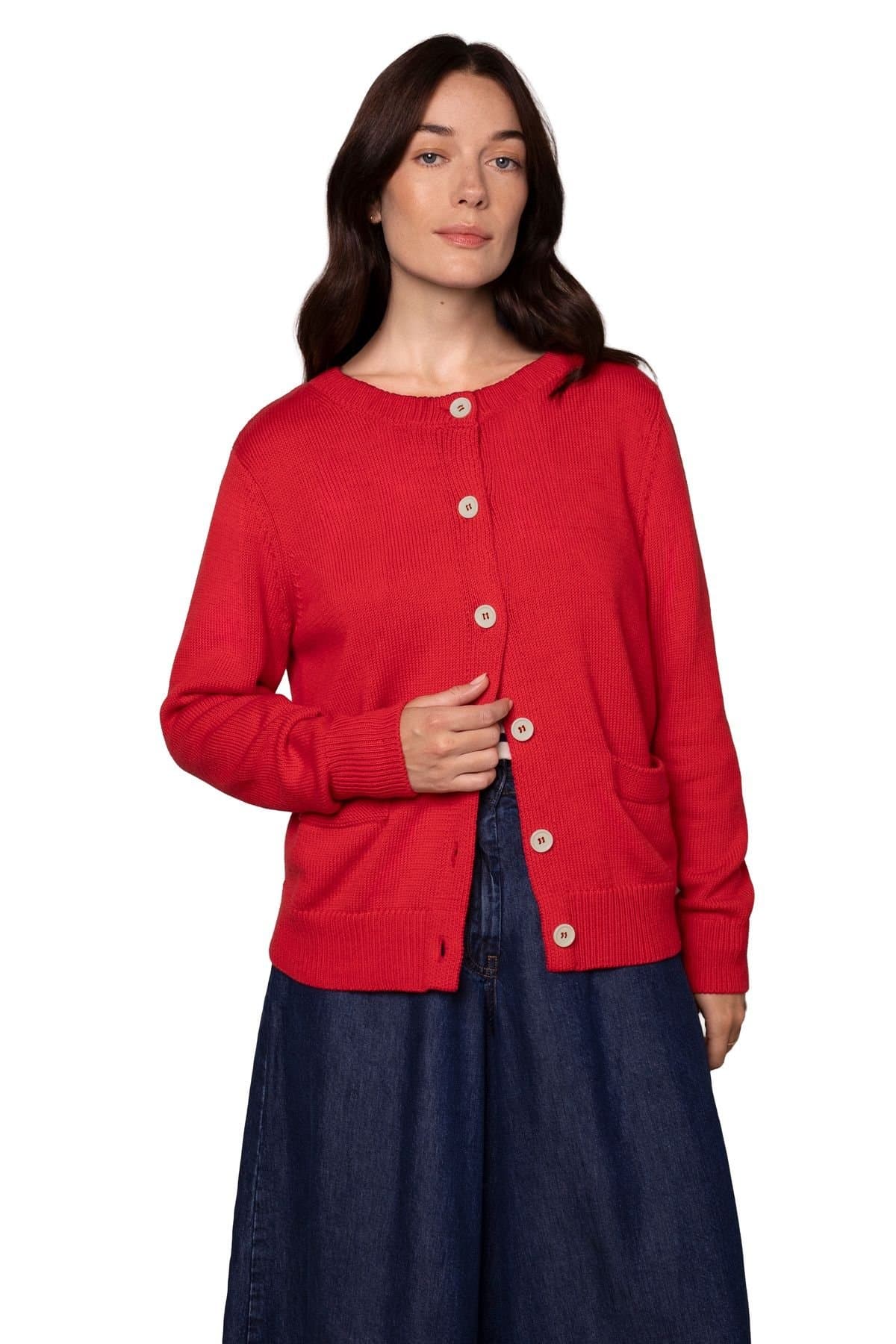 Celtic & Co Celtic & Co Women's Long Sleeve Cotton Crew Neck Cardigan in Scarlet