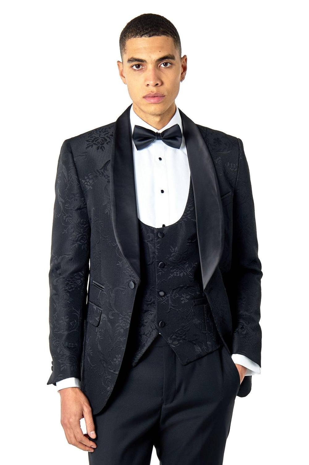 XPOSED XPOSED Men's Henry Tuxedo Suit Jacket - Elegant Damask Flocked Jacquard Design in Black - 2