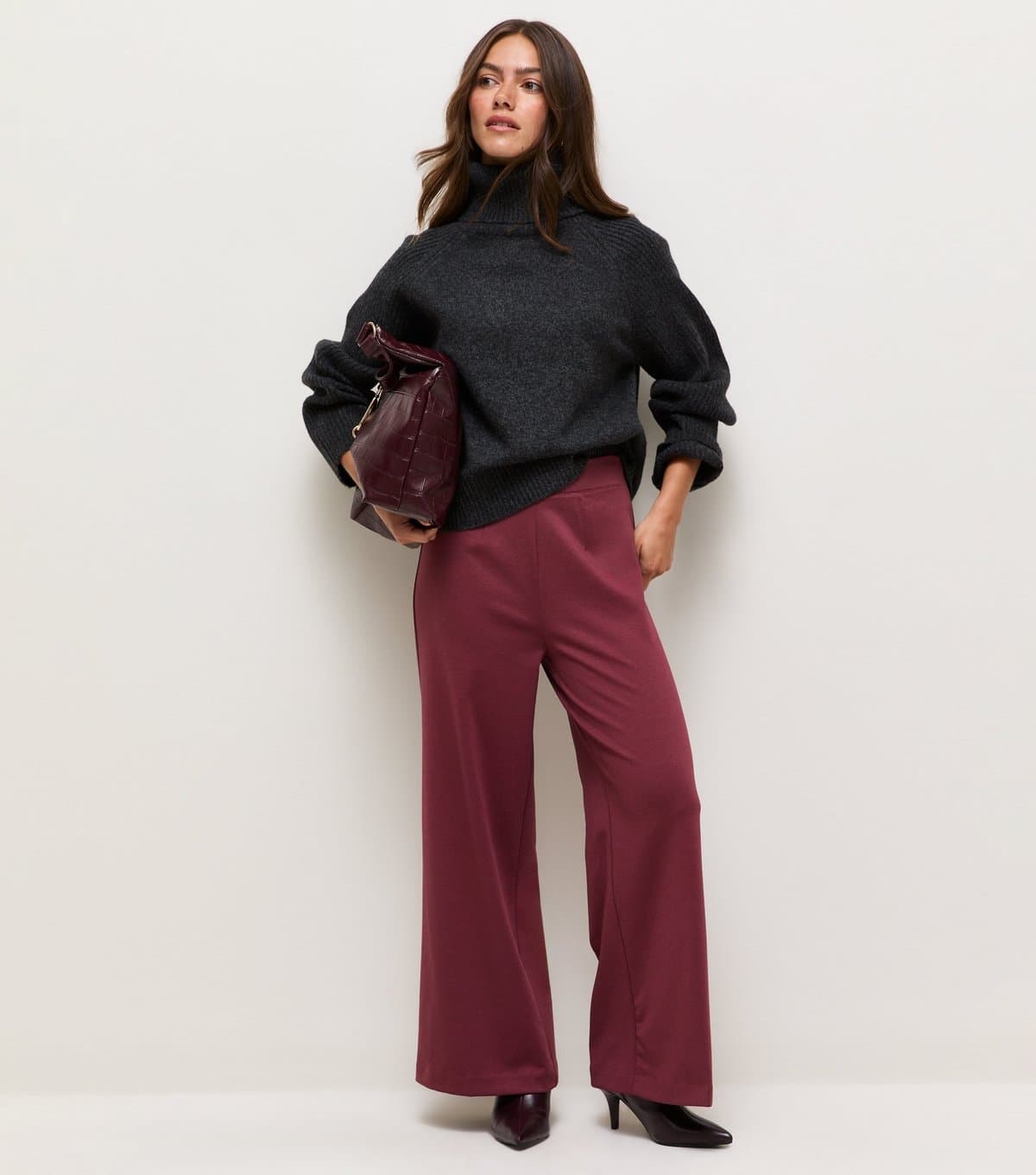 New Look Women's Petite Dark Burgundy Jersey Wide Leg Trousers New Look