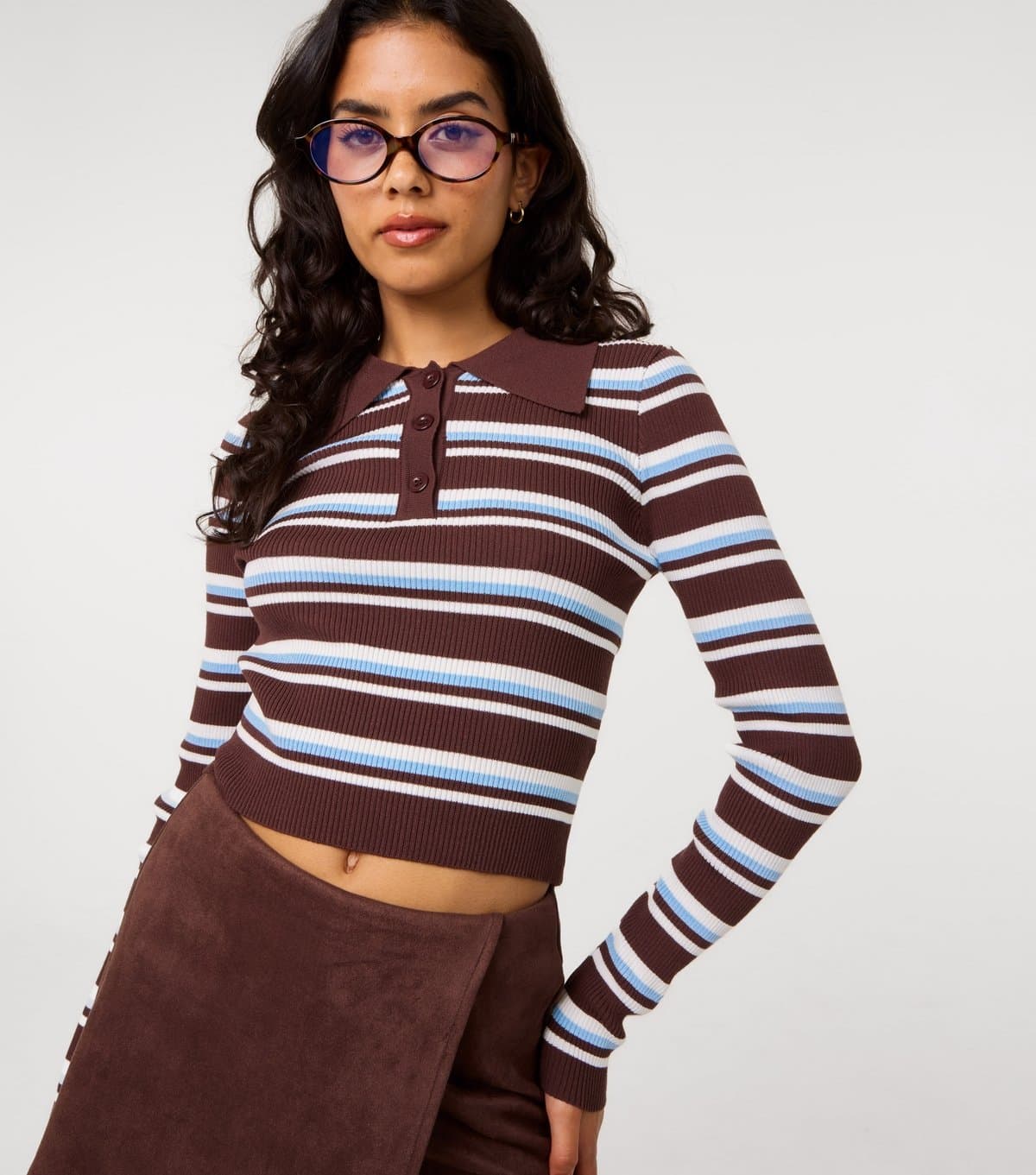 Pink Vanilla Women's Dark Brown Striped Long Sleeve Polo Shirt Pink Vanilla New Look