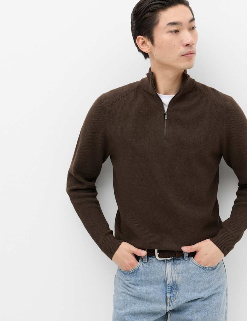 Marks & Spencer M&S Cotton Blend Ribbed Half Zip Jumper Bitter Chocolate - 1