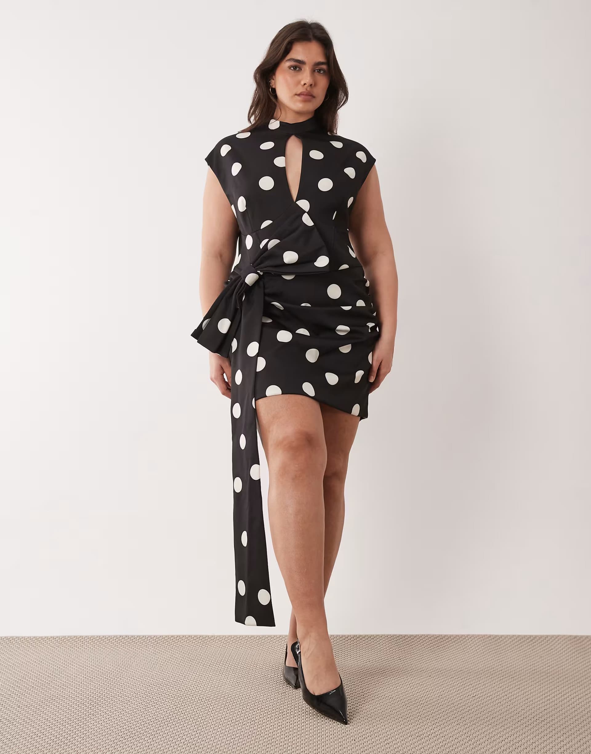 ASOS ASOS LUXE curve polka dot mini dress with oversized bow and drape detail in black