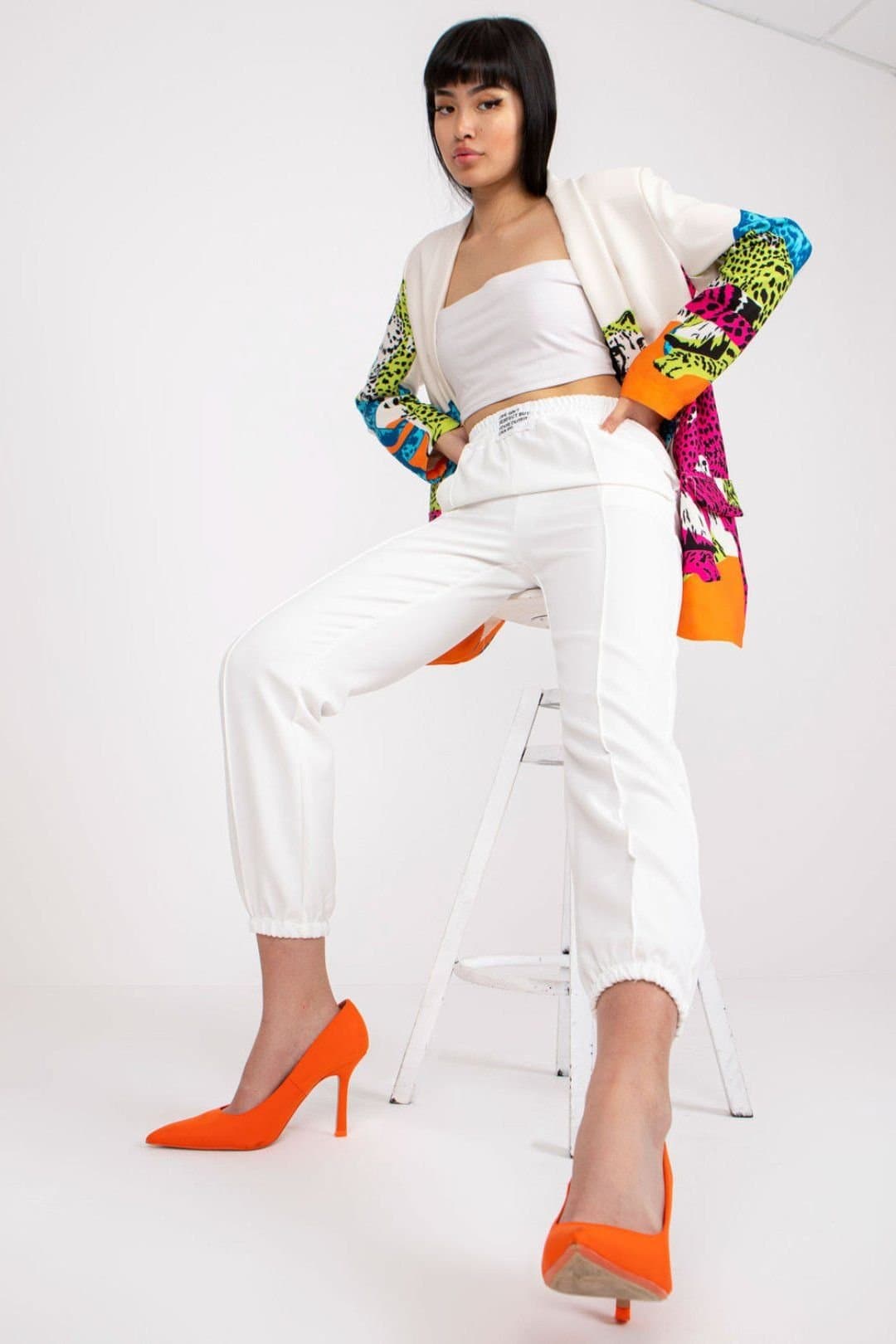 Love Lace Love Lace White High Rise Fabric Pants with Elastic Waist