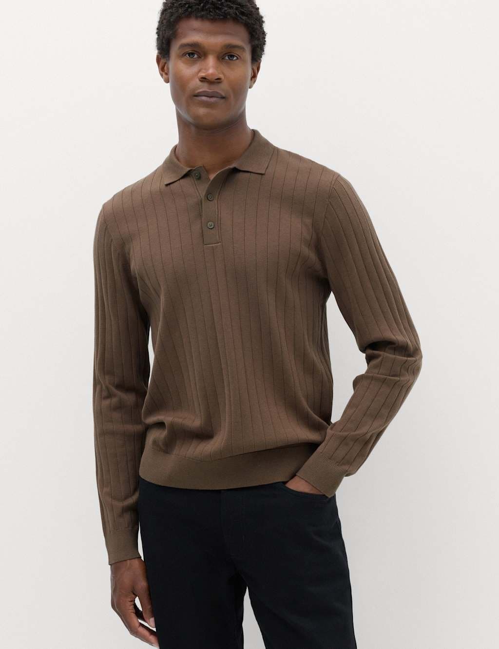 Marks & Spencer M&S Cotton Blend Smart Rib Knit Polo Shirt Espresso