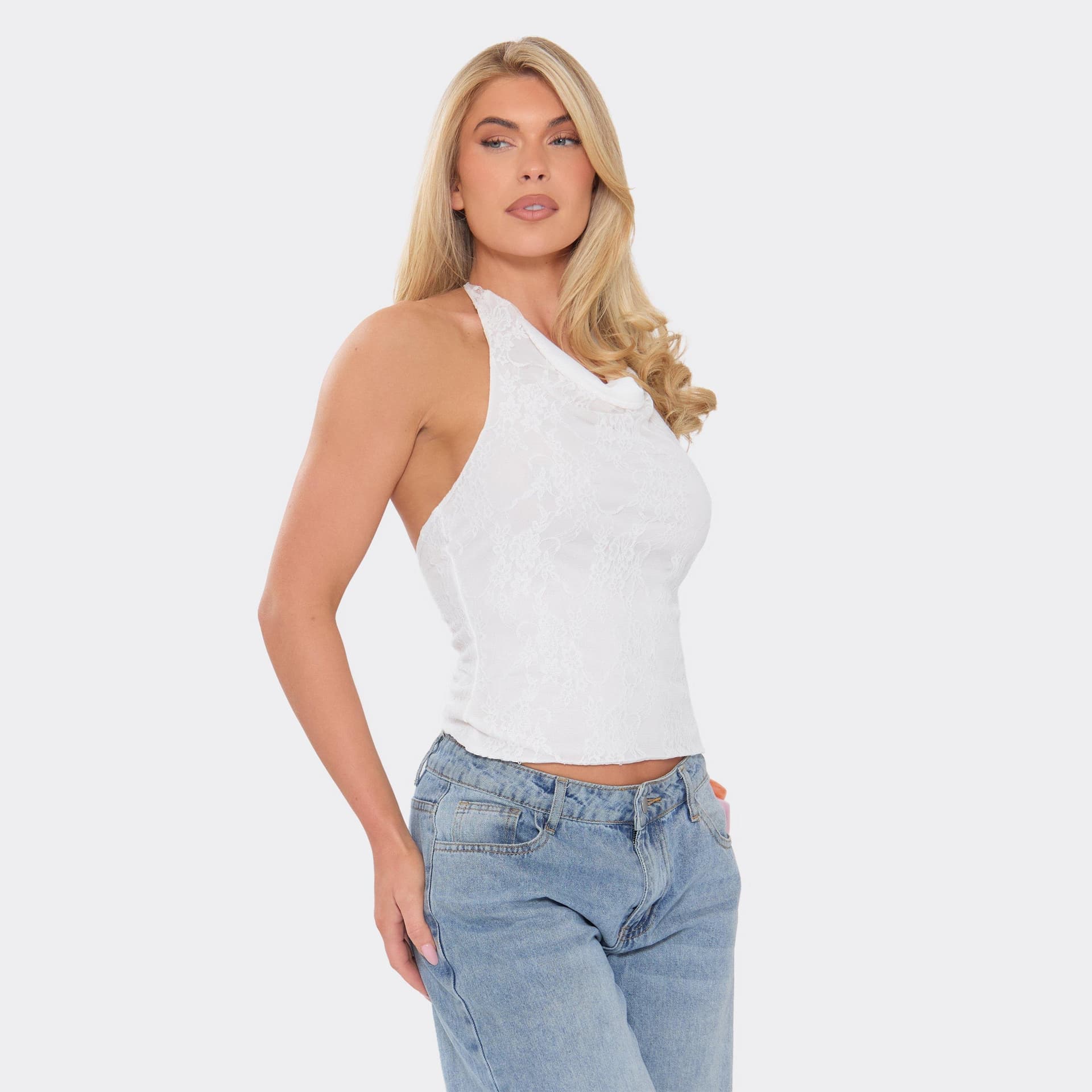 EGO EGO White Lace Cowl High Neck Top