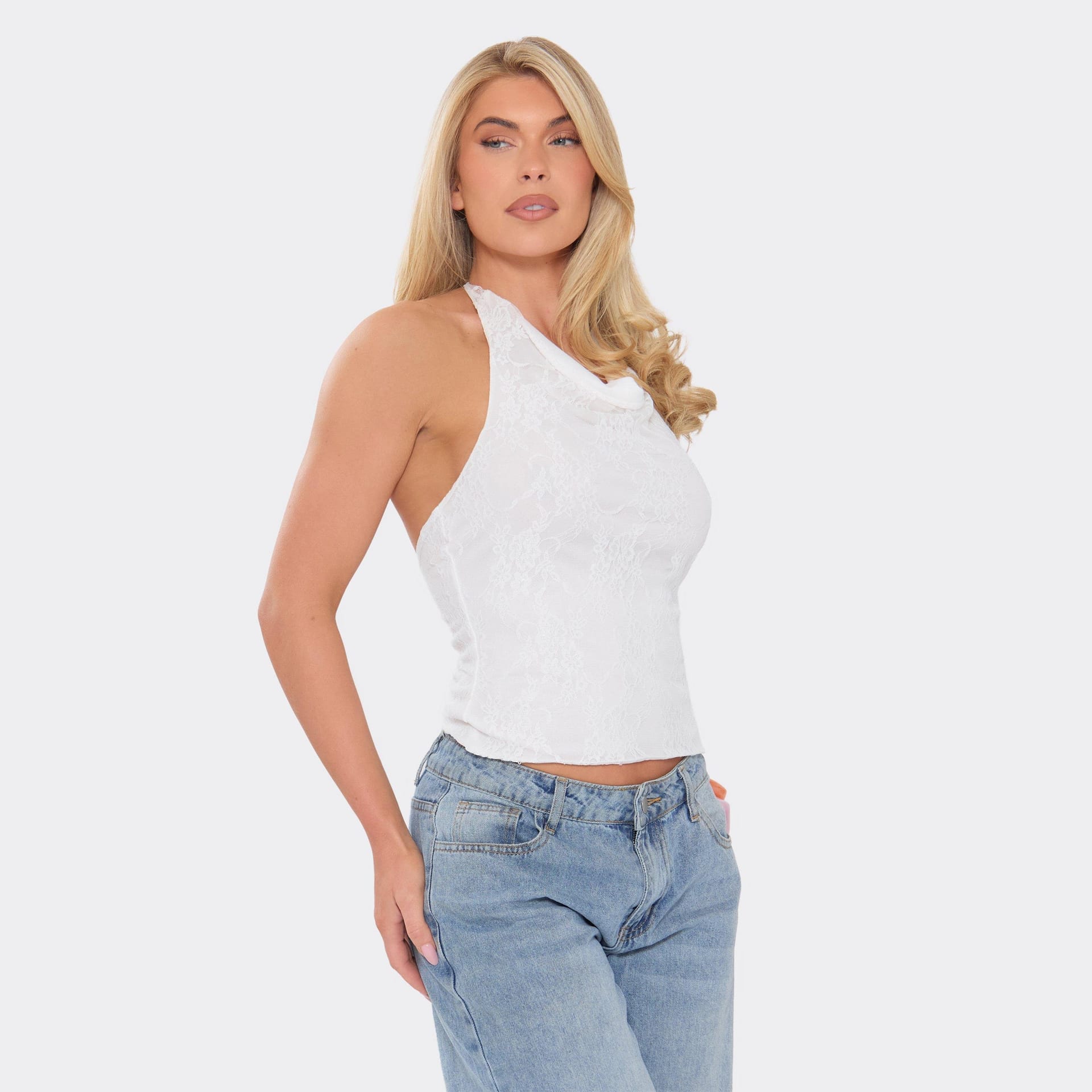 EGO White Lace Cowl High Neck Top