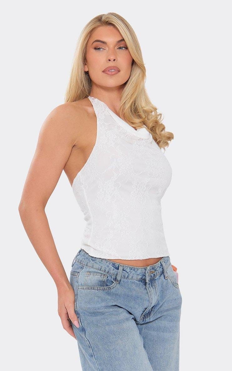 EGO Cowl High Neck Top In White Lace, Women's Size UK 6 - 2