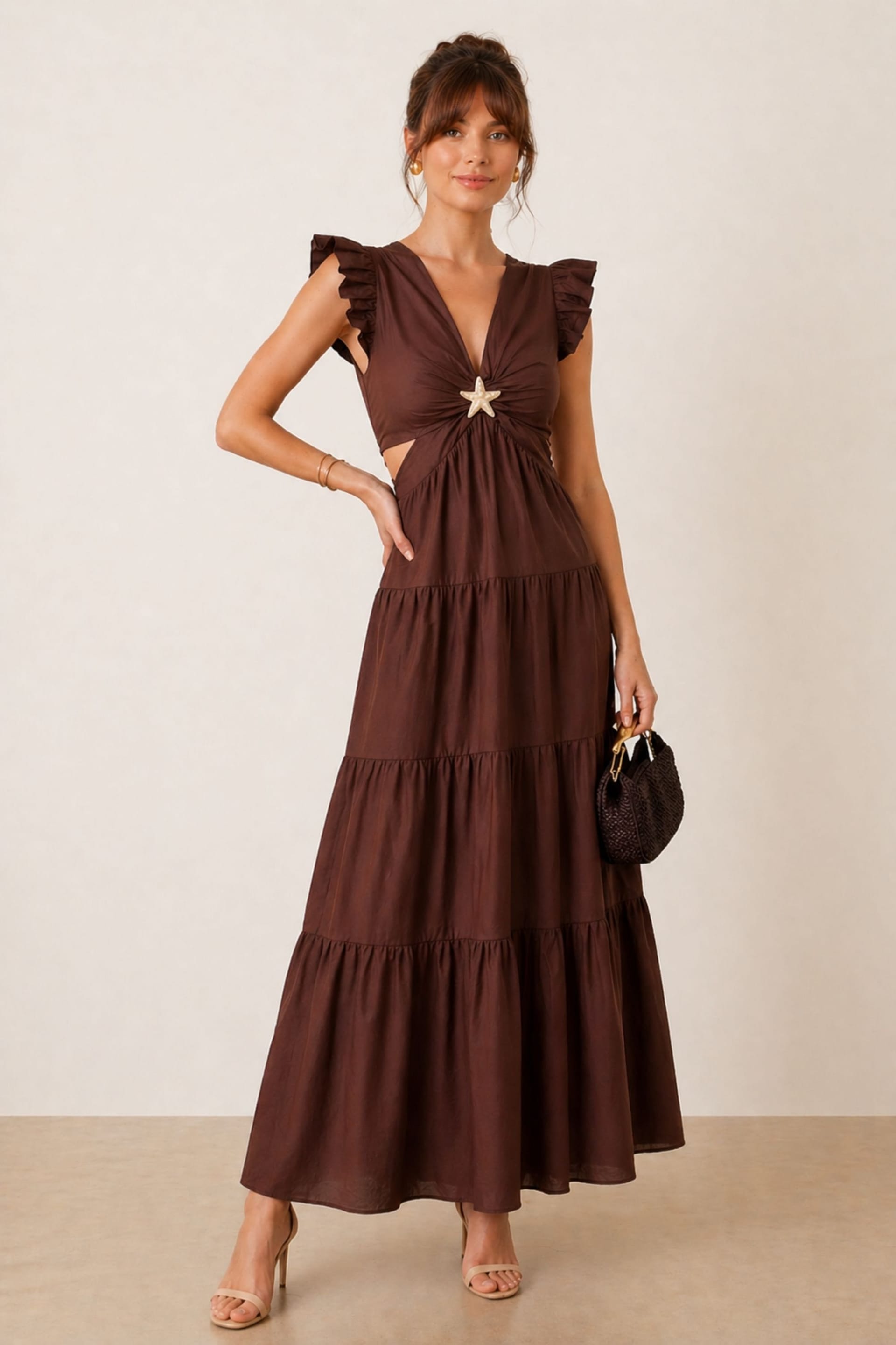 Style Cheat Brown Indie Cut Out Frill Maxi Dress