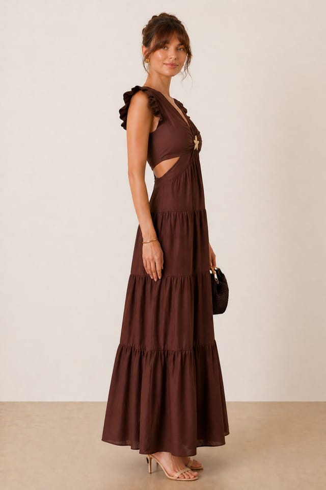 Style Cheat Style Cheat Women's Indie Cut Out Frill Maxi Dress in Brown - 2