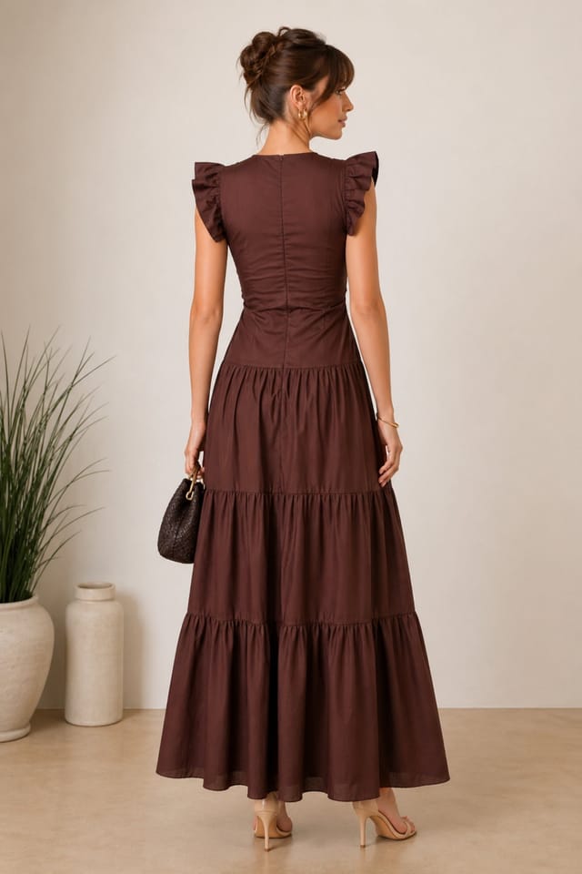 Style Cheat Style Cheat Women's Indie Cut Out Frill Maxi Dress in Brown - 3