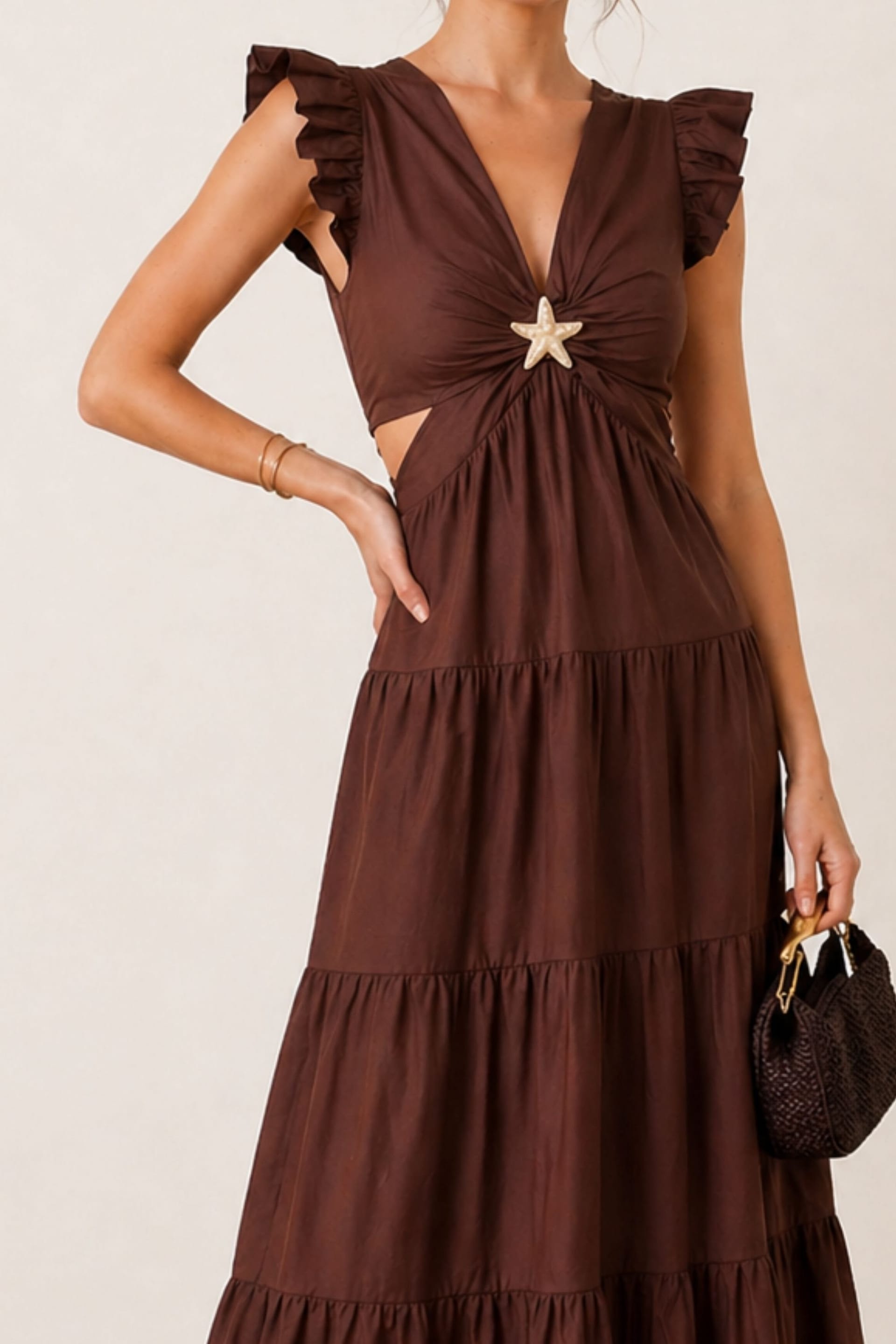 Style Cheat Style Cheat Women's Indie Cut Out Frill Maxi Dress in Brown - 4