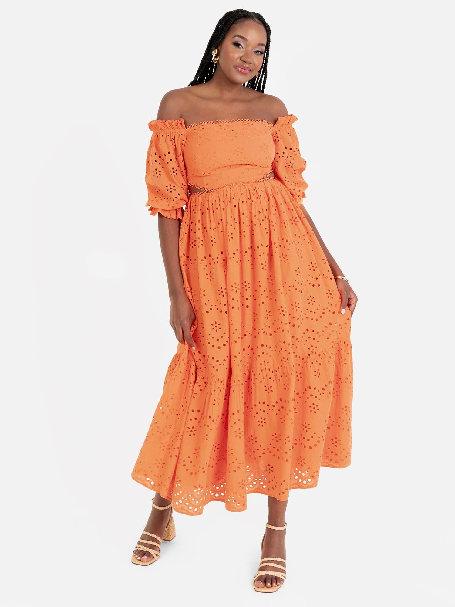 Maya Deluxe Maya Deluxe Women's Broderie Cut Out Waist Midaxi Dress in Orange