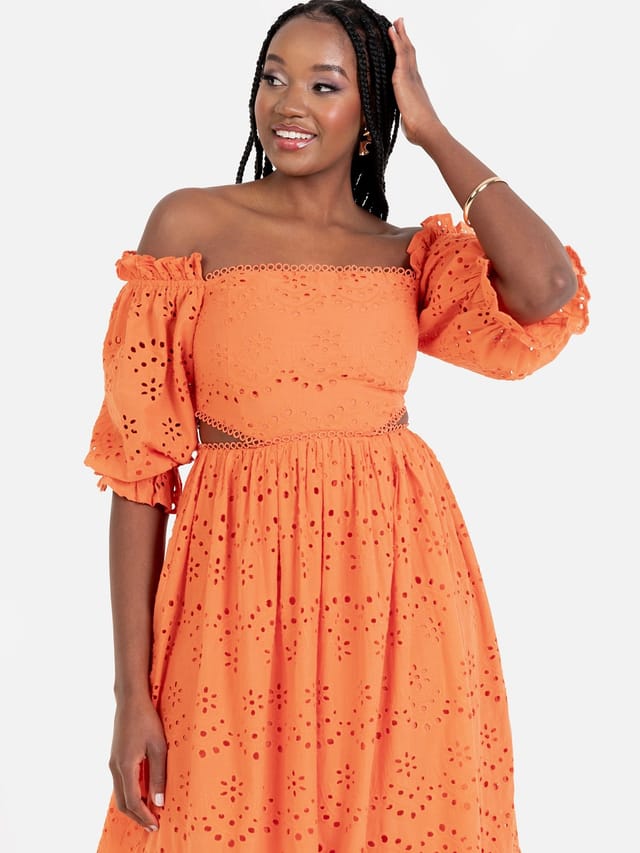 Maya Deluxe Maya Deluxe Women's Broderie Cut Out Waist Midaxi Dress in Orange - 2