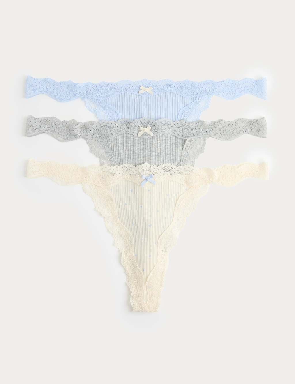 Marks & Spencer M&S 3 Pack Cotton Blend Rib Lace Thongs Grey Mix