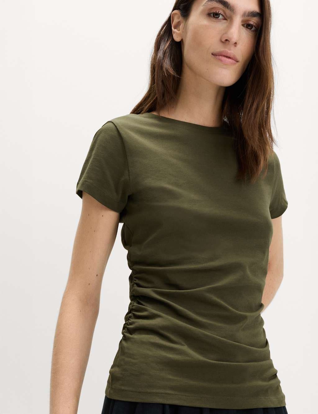 Marks & Spencer M&S Pure Cotton Slim Fit Ruched T-Shirt Khaki
