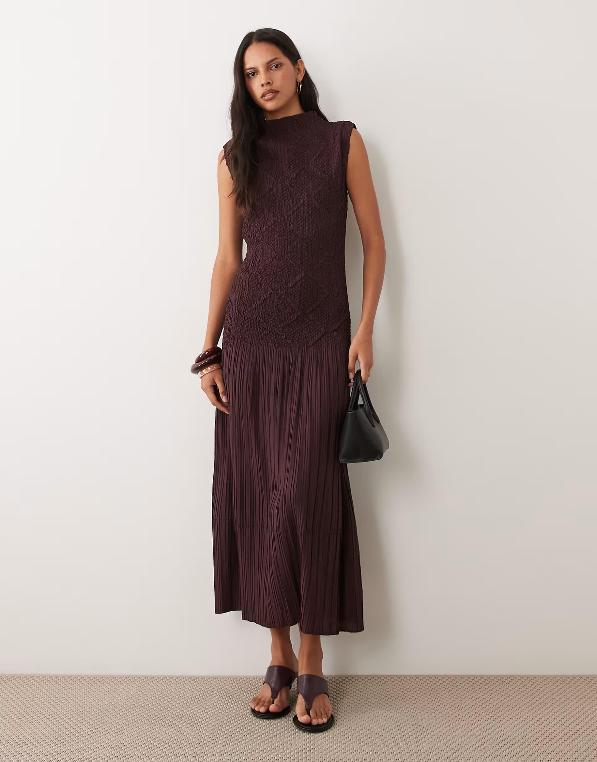 ASOS Mango sleeveless shirred bodice midi dress in burgundy