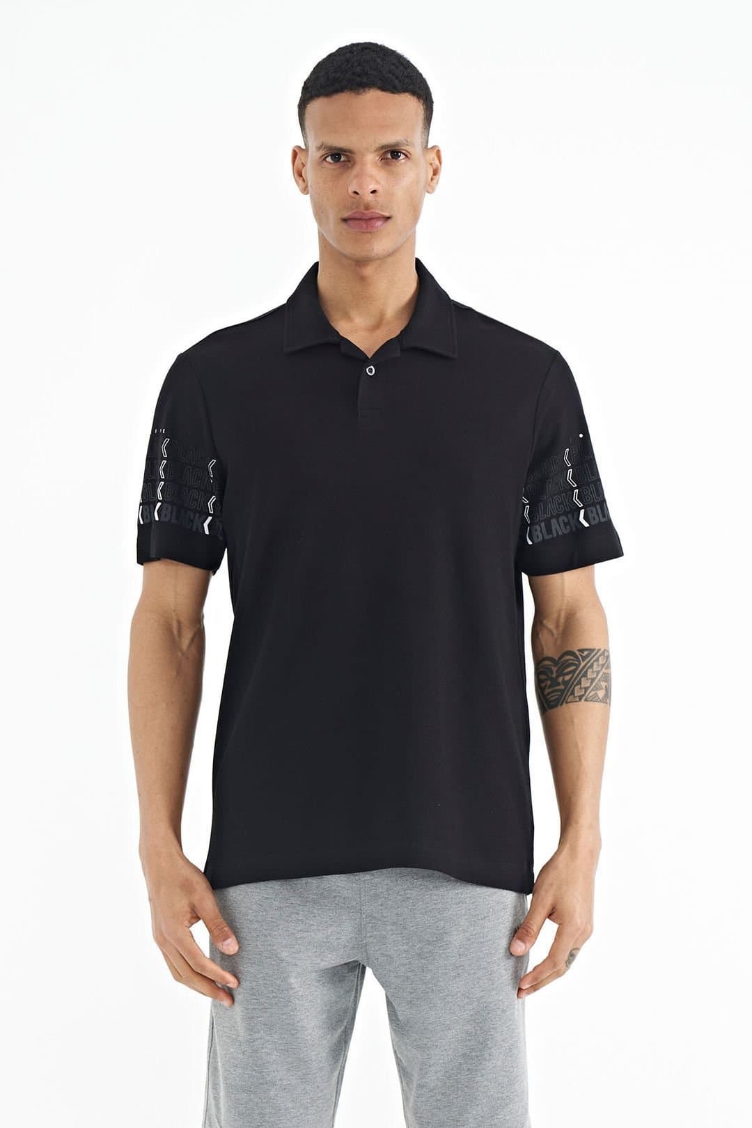 Tommy Life Tommy Life Men's Printed Polo Collar T-Shirt in Black