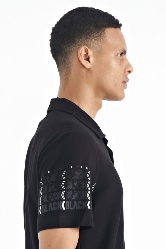 Tommy Life Tommy Life Men's Printed Polo Collar T-Shirt in Black - 3