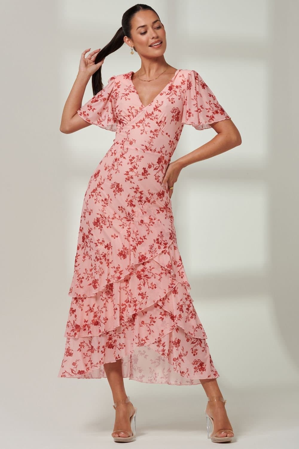 Jolie Moi Jolie Moi Women's Daleysa Frill Hem Mesh Maxi Dress in Baby Pink