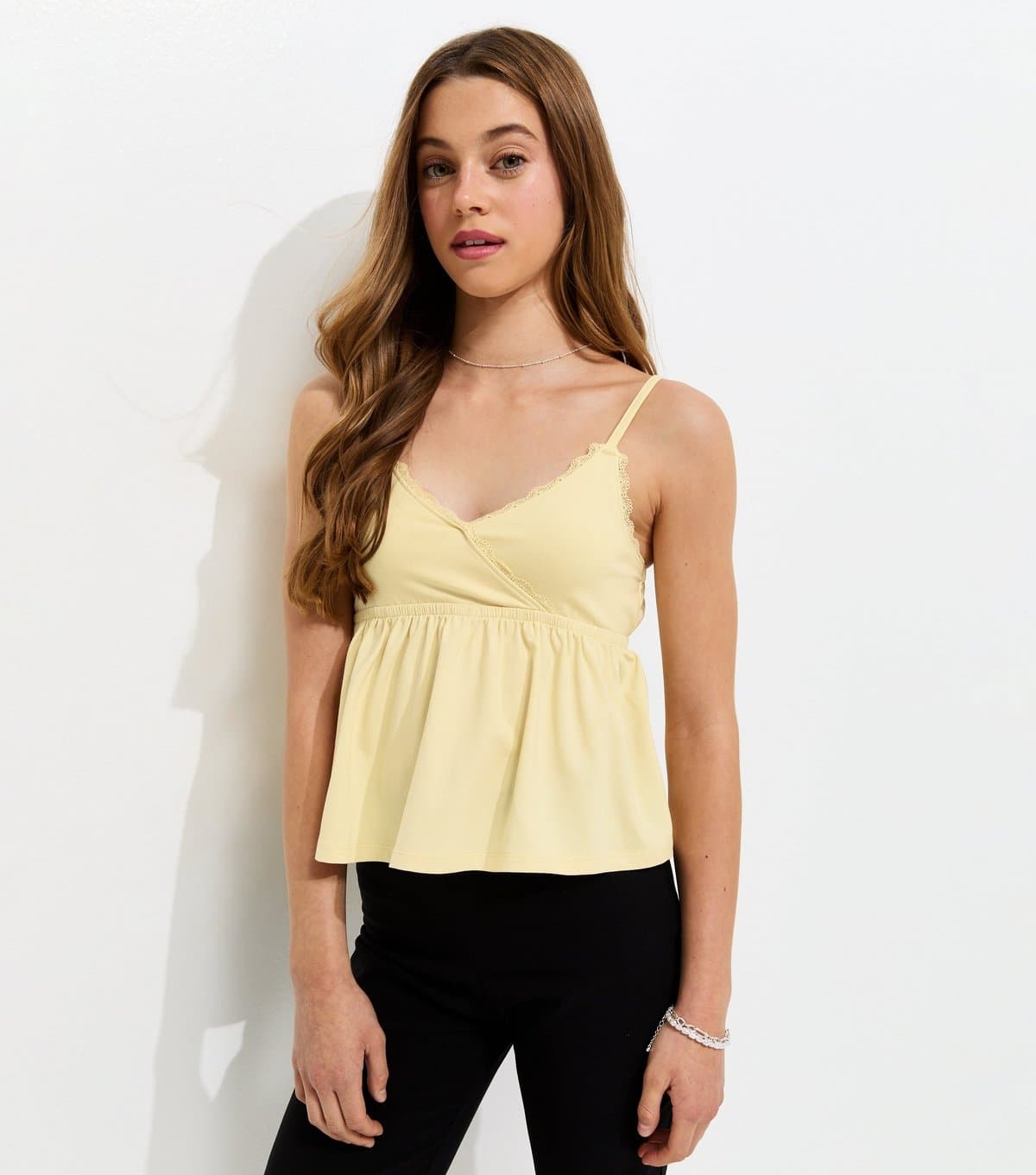 New Look Girls' Light Yellow Cotton Rich Lace Trim Triangle Cami Top New Look