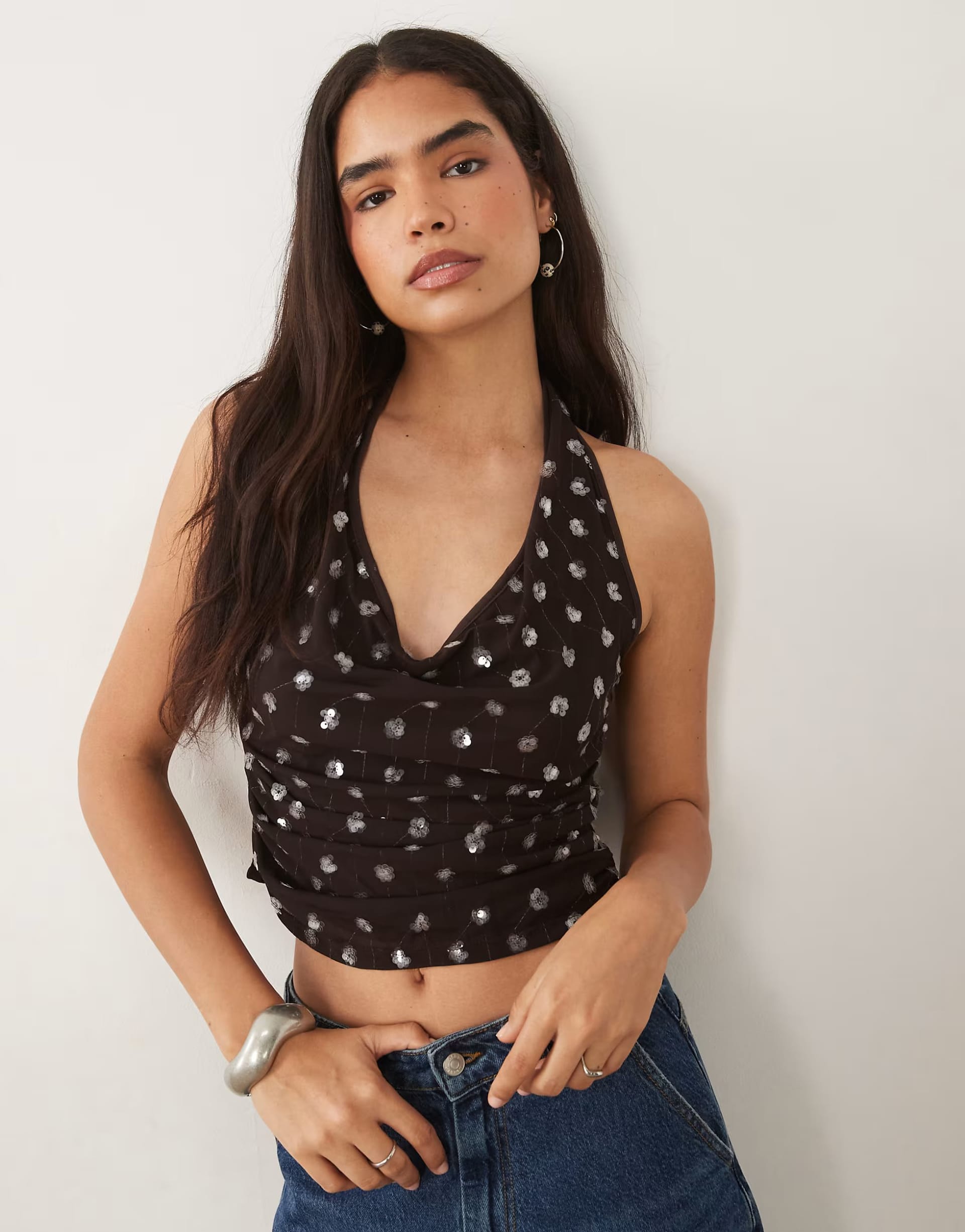 ASOS Mango Fiesta Embellished Cowl Neck Top Co-ord in Chocolate