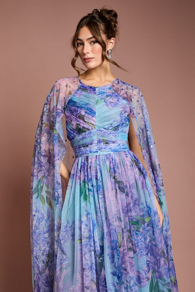 Coast Coast Women's Pleated Mesh Printed Cape Maxi dress With Gemstone in Blue - 2