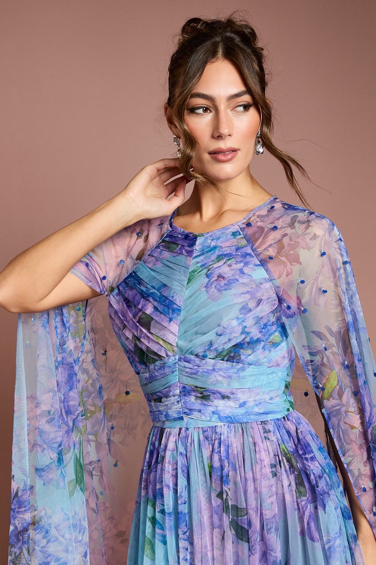 Coast Coast Women's Pleated Mesh Printed Cape Maxi dress With Gemstone in Blue - 4