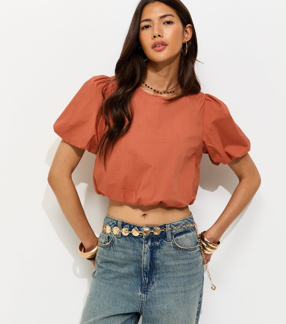New Look Women's Rust Poplin Bubble Hem Crop Top New Look