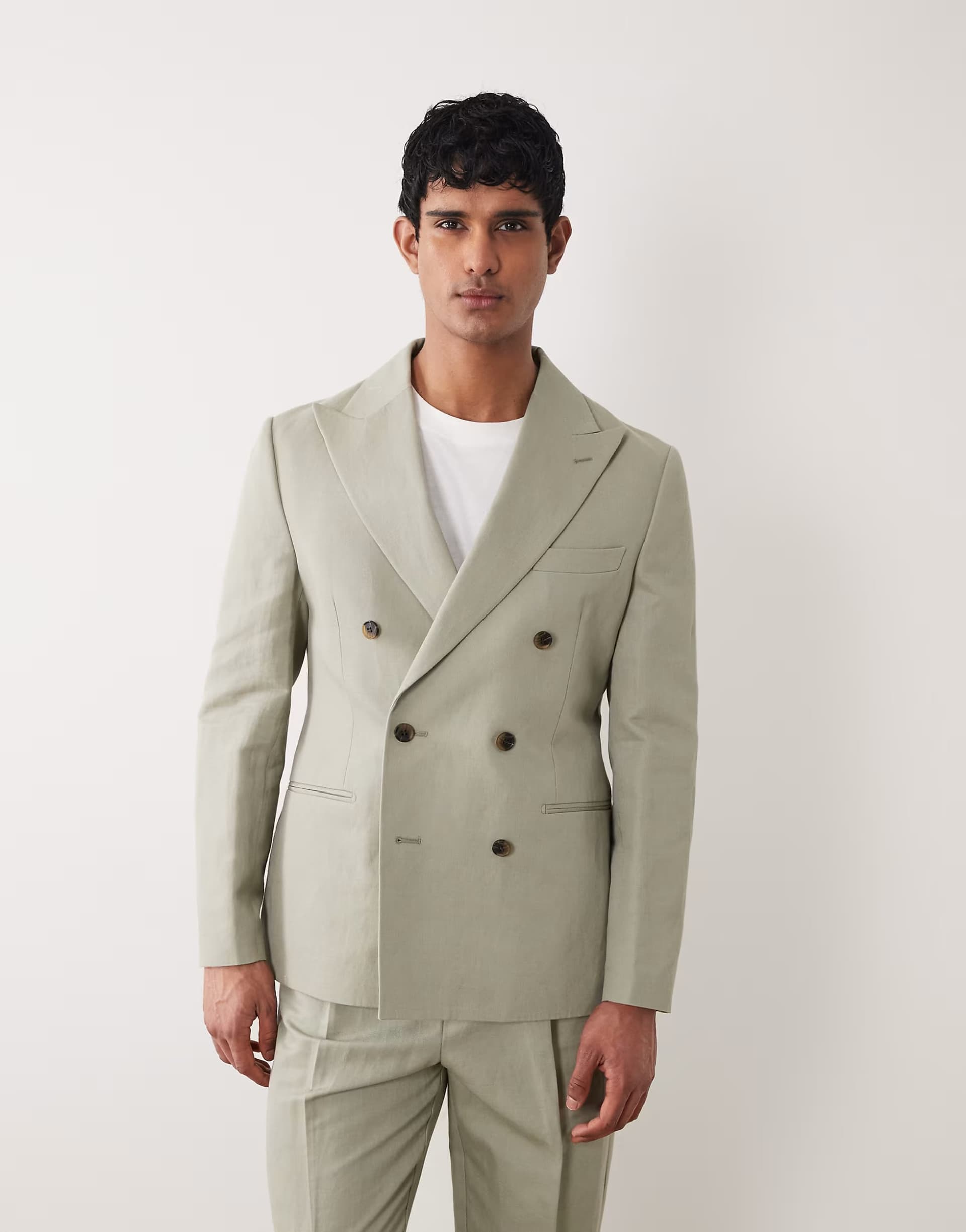 ASOS ASOS DESIGN slim linen rich double breasted suit jacket in khaki