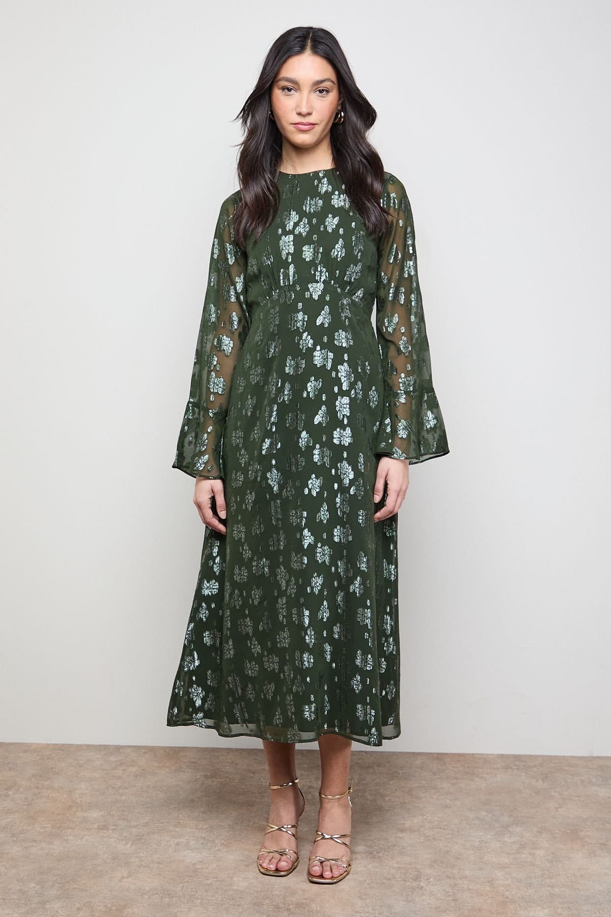 Oasis Oasis Women's Metallic Jacquard Flute Sleeve Midi Dress in Dark Olive