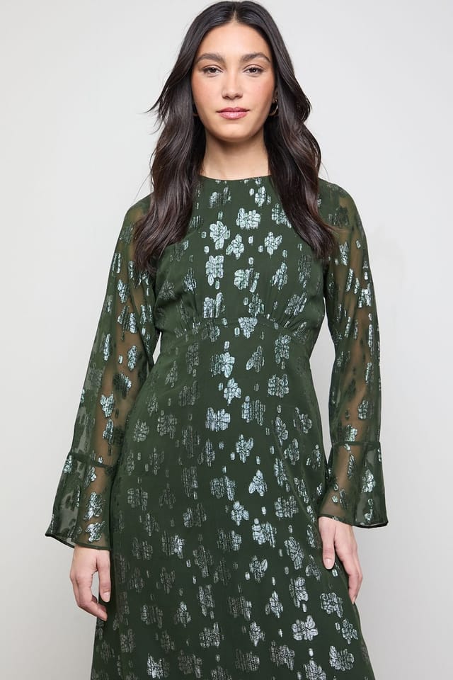 Oasis Oasis Women's Metallic Jacquard Flute Sleeve Midi Dress in Dark Olive - 2