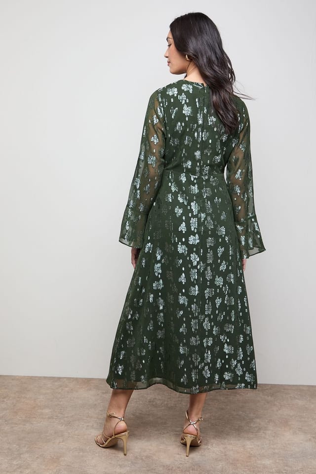 Oasis Oasis Women's Metallic Jacquard Flute Sleeve Midi Dress in Dark Olive - 3