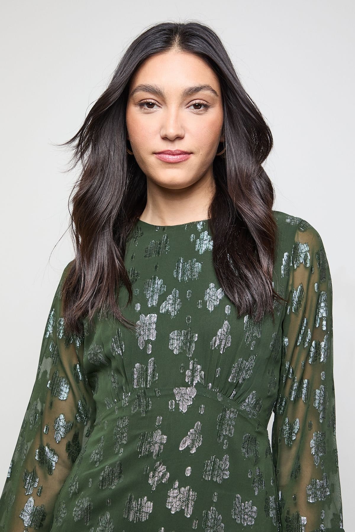 Oasis Oasis Women's Metallic Jacquard Flute Sleeve Midi Dress in Dark Olive - 4