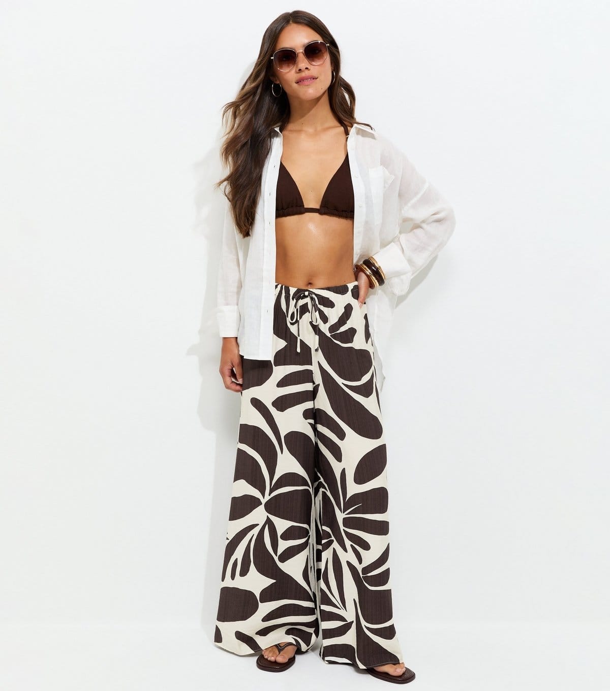 New Look Brown Abstract Flower Print Beach Trousers