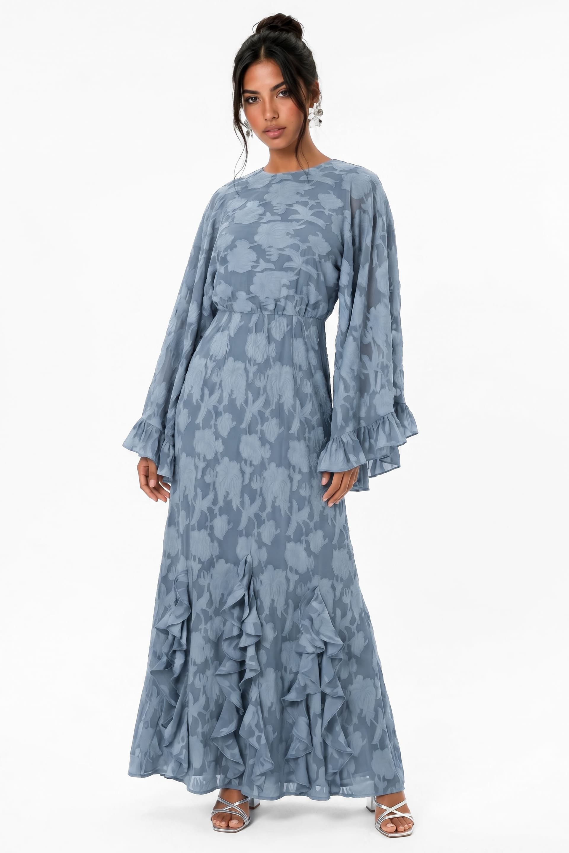 Anaya with Love Anaya with Love Women's Floral Burnout Oversized Ruffle Sleeve Maxi Dress in Blue