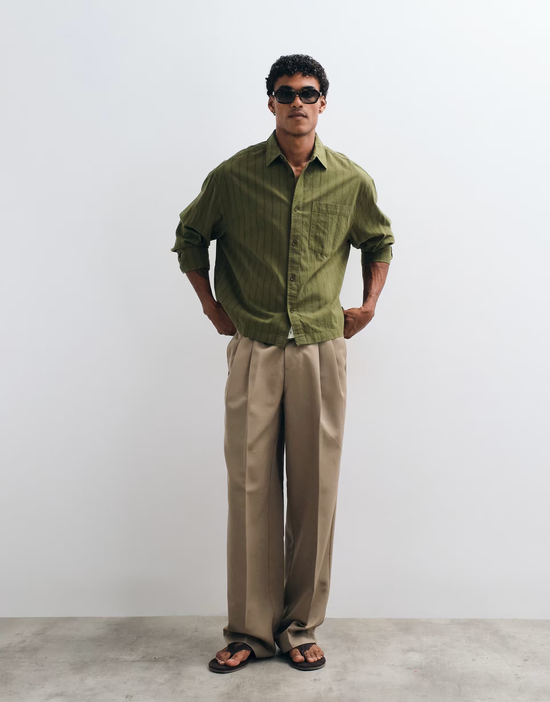 ASOS ASOS DESIGN boxy oversized linen look stripe shirt with chest pocket in khaki