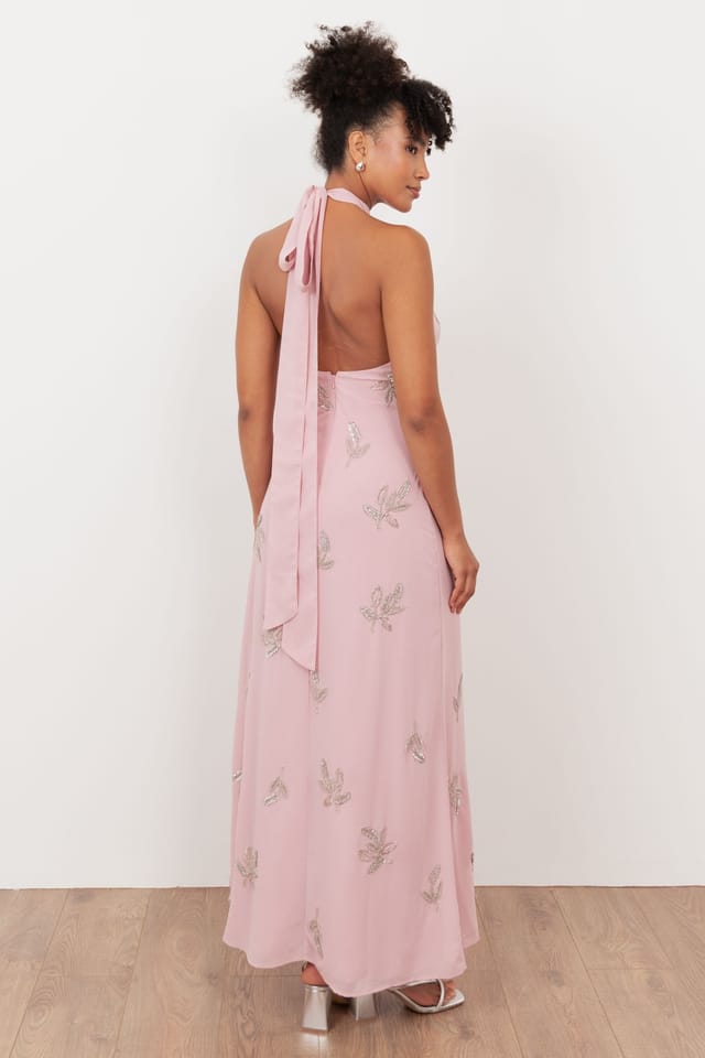 Maya Deluxe Maya Deluxe Women's Embellished Halter Neck Open Back Maxi Dress in Light Pink - 2