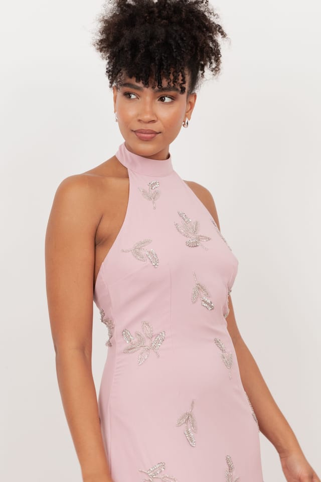 Maya Deluxe Maya Deluxe Women's Embellished Halter Neck Open Back Maxi Dress in Light Pink - 3